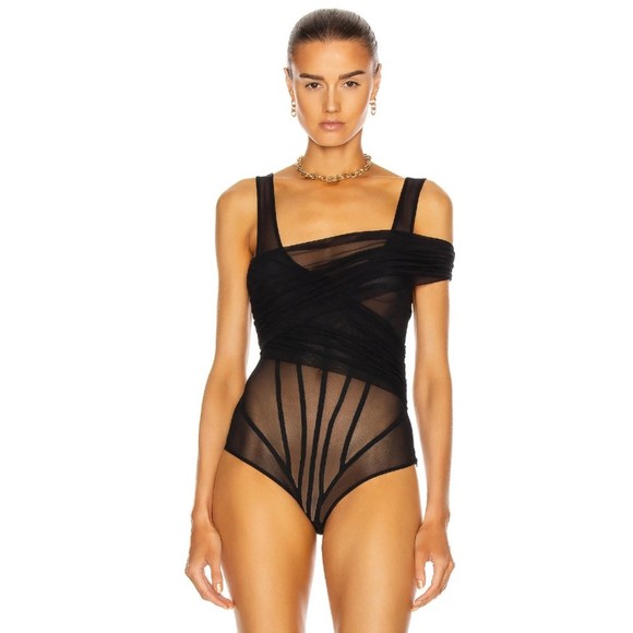 David Koma Women's Black Net Draped Bodysuit Size 8 UK